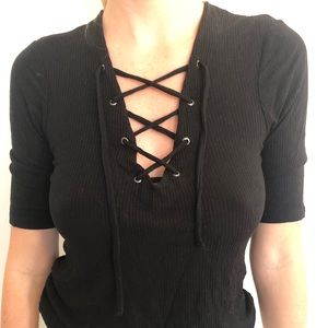 TOPSHOP black ribbed lace-up top